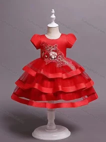 Wholesale Girls Lovely Cap Sleeve 3D Floral Lace Tiered Dress 023#, LIUHUA CLOTHING WHOLESALE