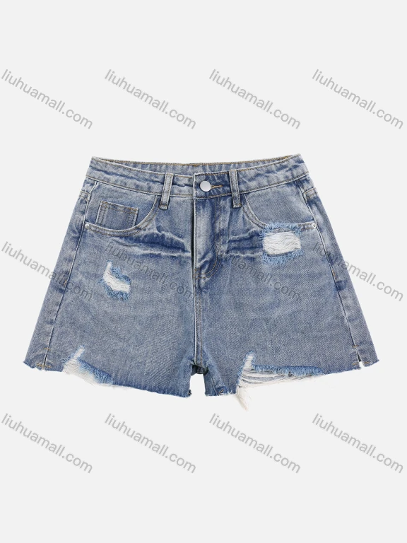 Wholesale Women's Distressed Frayed Raw Hem Button Closure Ripped Denim Short