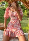 Wholesale Women's Sweetheart Neck Lantern Sleeve Floral Open Back Lace Up Cutout Ruffle Trim Short Dress AY190# - Liuhuamall