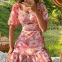 Wholesale Women's Sweetheart Neck Lantern Sleeve Floral Open Back Lace Up Cutout Ruffle Trim Short Dress AY190# preview