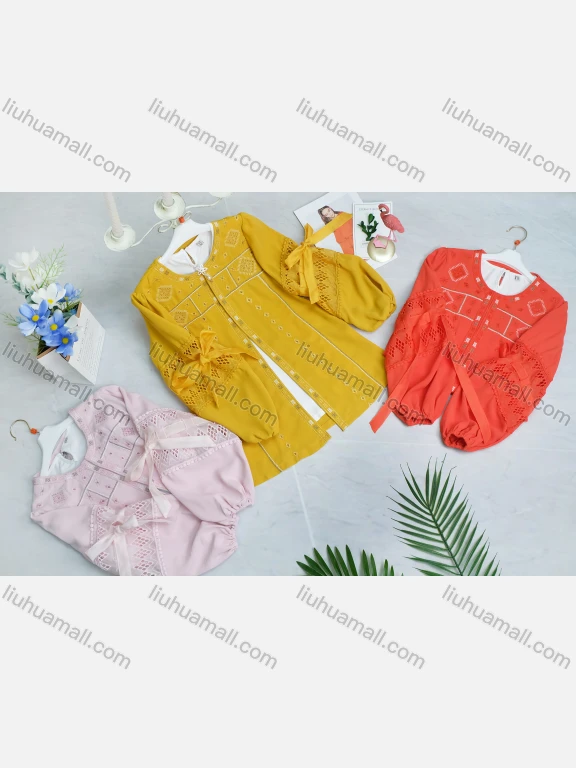 Wholesale Girl's Casual Round-Neck Bowknot Peasant Sleeve Cutout Embroidery Top