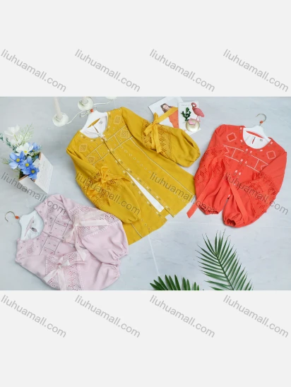 Wholesale Girl's Casual Round-Neck Bowknot Peasant Sleeve Cutout Embroidery Top