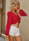 Wholesale Woman's Casual V Neck Long Sleeve Tie Front Polka Dot Crop Top - Liuhuamall