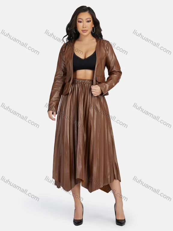 Wholesale Women's Casual Plain Leather Jacket & Midi Skirt 2-Piece Set 9171-1#
