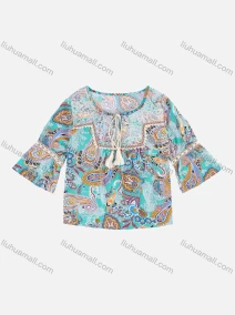 Wholesale Women's Boho Allover Paisley Print Crew Neck Tassel Splicing Ruched Blouse A1101#, LIUHUA CLOTHING WHOLESALE