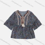 Wholesale Women's Vintage Boho Allover Ditsy Floral Print 3/4 Sleeve Tassel Ruched Splicing Blouse E3214# preview