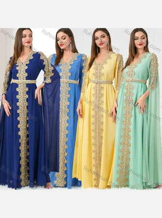 Wholesale Women's Plain Embroidery Stitching Applique Rhinestone V Neck Extra Long Sleeve Abaya Evening Dress With Belt, LIUHUA CLOTHING WHOLESALE