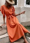 Wholesale Women's Casual Plain V Neck Short Sleeve Midi Dress With Belt - Liuhuamall