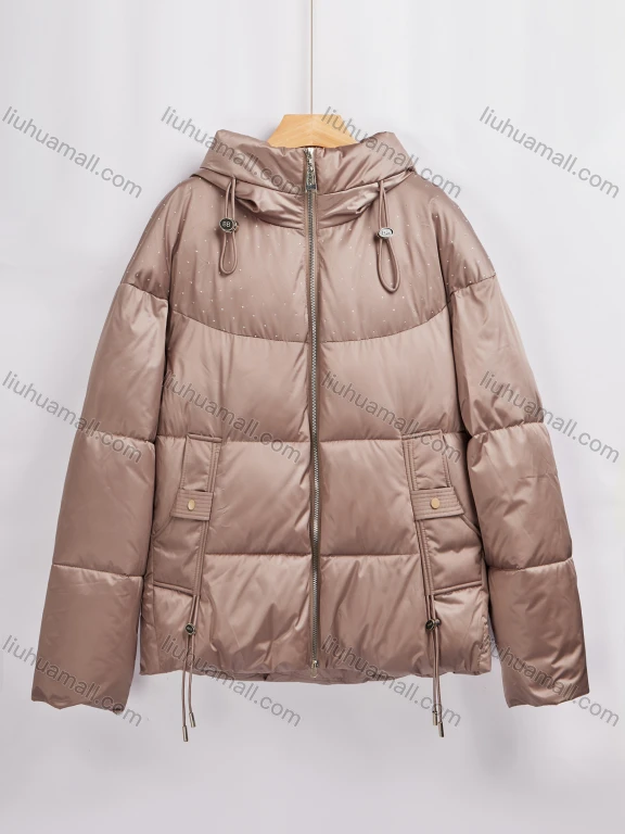 Wholesale Women's Casual Plain Rhinestone Long Sleeve Hooded Patch Pocket Drawstring Puffer Coat H6616#