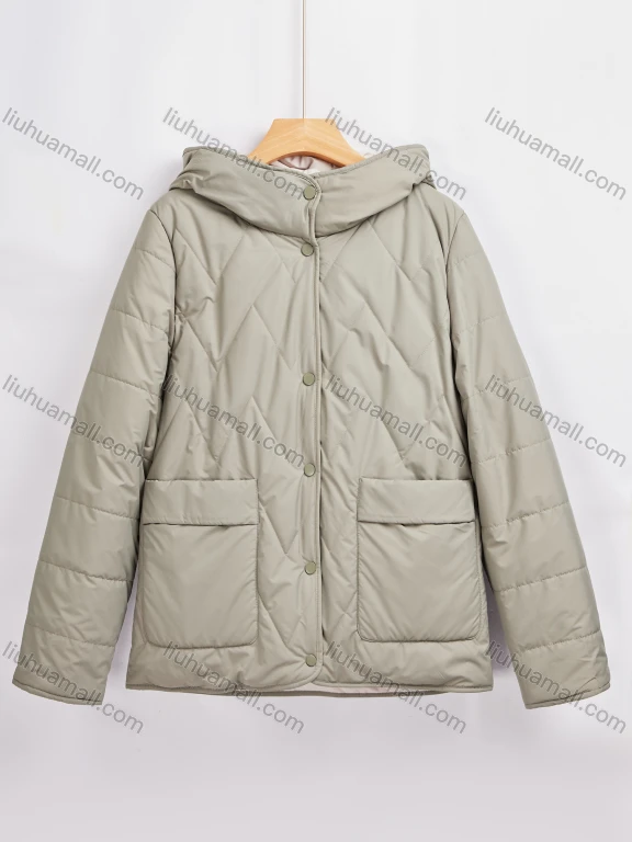 Wholesale Women's Casual Plain Long Sleeve Hooded Patch Pocket Reversible Button Down Quilted Jacket H0003#