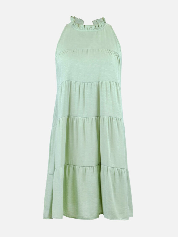 Women's Casual Sleeveless Ruffle Neck Tie Back Ruffle Trim Plain Short Dress LS3007#, Clothing Wholesale Market -LIUHUA, 