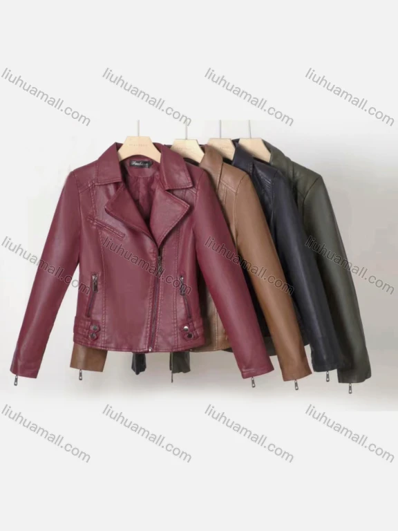 Wholesale Women's Casual Lapel Long Sleeve Zipper Plain Leather Crop Biker Jacket
