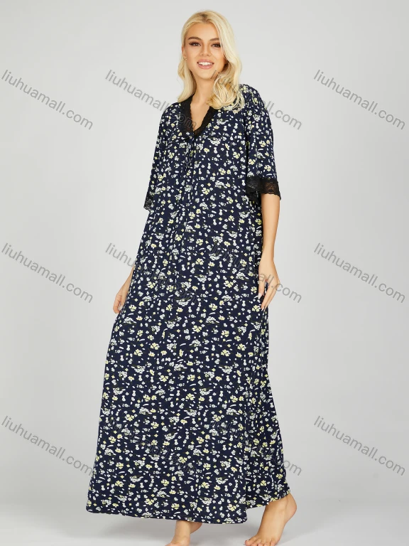 Wholesale Women's Milk Silk Ditsy Floral V Neck Lace Trim Bow Knot Lounge Short Sleeve Maxi Night Dress 1004#