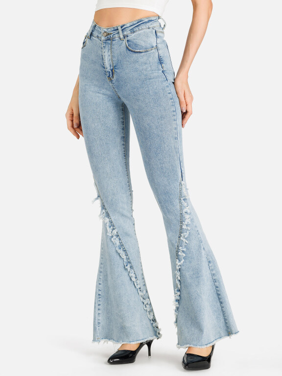 Women's Casual Slim Fit Plain Zipper Fly Pockets Flared Denim Jeans, Clothing Wholesale Market -LIUHUA, Jeans%20%26%20Denim