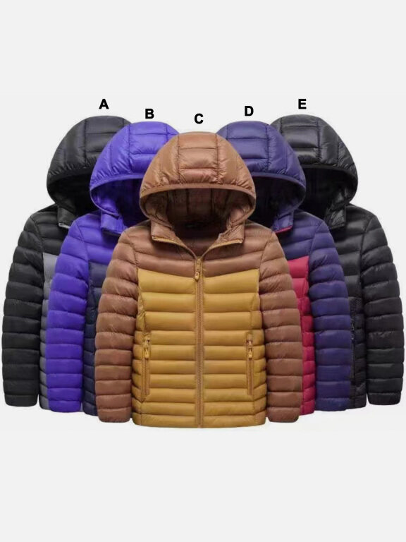 Kids Casual Colorblock Hooded Long Sleeve Zipper Pocket Thermal Puffer Jacket, Clothing Wholesale Market -LIUHUA, KIDS-BABIES, Boys-Clothing