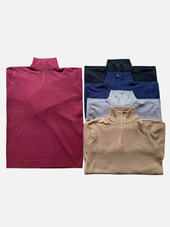 Men's Casual Plain Stand Collar Quarter Zip Long Sleeve Knit Sweater, Clothing Wholesale Market -LIUHUA, MEN, Sweaters-Knits