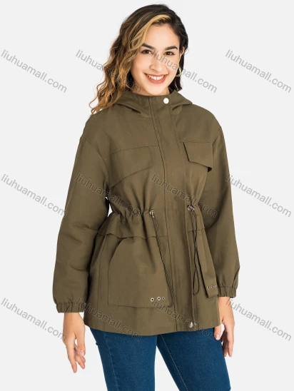 Wholesale Women's Casual Plain Zipper Drawstring Long Sleeve Pockets Hooded Rain Windbreaker