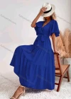 Wholesale Women's Casual Plain V Neck High Waist Ruffle Hem Maxi Dress With Belt - Liuhuamall