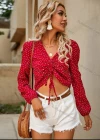 Wholesale Woman's Casual V Neck Long Sleeve Tie Front Polka Dot Crop Top - Liuhuamall