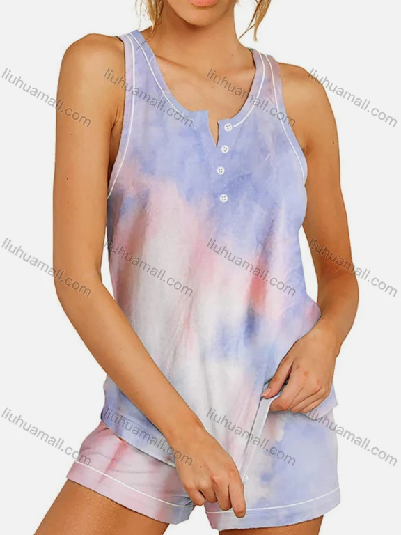 Wholesale Women's Casual Tie Dye Notched Neck Button Tank Top & Drawstring Shorts Set