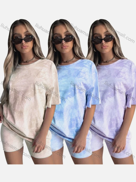 Wholesale Women's Casual Tie Dye Round Neck Tee & Shorts 2 Piece Set 211050#