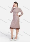 Wholesale Women's Rib-Knit Plain Mock Neck Long Sleeve Lace Pearl Decor Elegant Casual Knee Length Dress - Liuhuamall