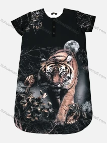 Wholesale Women's Round Neck Buttion Front Tigher Leaves Print Scalloped Hem Short Tee Dress 1633-2776#, LIUHUA CLOTHING WHOLESALE