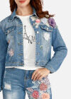 Wholesale Women's Fashion 3D Floral Long Sleeve Button Down Flap Pockets Crop Denim Jacket - Liuhuamall
