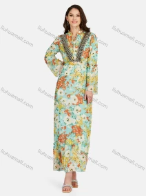 Wholesale Women's Casual Tie Neck Embroidered Peplum Floral Print High Waist Maxi Dress K014#, LIUHUA CLOTHING WHOLESALE