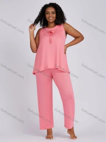 Wholesale Women's Casual Lounge Bow Know Plain Sleeveless Tank Top Pajamas 2 Piece Set 152#, LIUHUA CLOTHING WHOLESALE