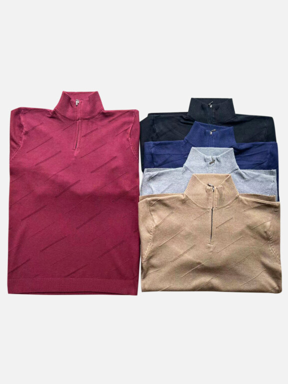 Men's Casual Plain Stand Collar Quarter Zip Long Sleeve Knit Sweater, Clothing Wholesale Market -LIUHUA, MEN, Sweaters-Knits