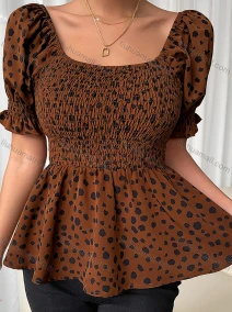Wholesale Women's Ruffle Hem Empire Waist Puff Sleeve Leopard Shirred Top LQ-B1007X#, LIUHUA CLOTHING WHOLESALE