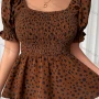 Wholesale Women's Ruffle Hem Empire Waist Puff Sleeve Leopard Shirred Top LQ-B1007X# preview