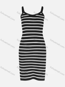 Wholesale Women's Casual Black&White Striped Split Hem Cami Midi Dress, LIUHUA CLOTHING WHOLESALE