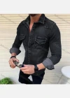 Wholesale Men's Casual Collared Long Sleeve Plain Button Down Denim Shirt - Liuhuamall