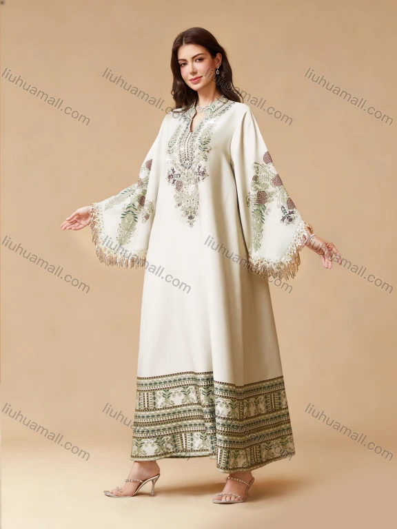 Wholesale Dubai Style Embroidered Print Kaftan for Women, Loose Tassel Sleeve Long Maxi Abaya, Modest Muslim Dress for Eid Ramadan