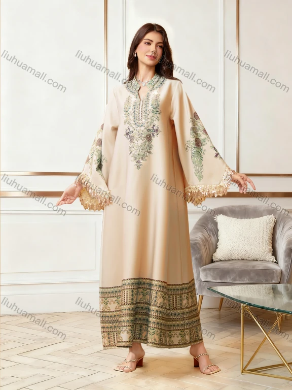 Wholesale Dubai Style Embroidered Print Kaftan for Women, Loose Tassel Sleeve Long Maxi Abaya, Modest Muslim Dress for Eid Ramadan