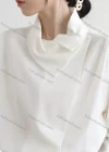 Wholesale Women's Casual Batwing Sleeve Asymmetrical Neck Ruched Side Flap Button Down Plain Blouse - Liuhuamall