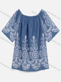 Wholesale Women's Casual Half Sleeve Boat Neck Folk Art Denim Blouse, LIUHUA CLOTHING WHOLESALE