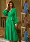 Wholesale Women's Casual Plain Wrap V Neck Long Sleeve Pleated Midi Dress With Belt - Liuhuamall