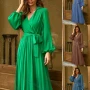 Wholesale Women's Casual Plain Wrap V Neck Long Sleeve Pleated Midi Dress With Belt preview