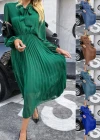 Wholesale Women's Casual Plain Tie Neck Long Sleeve Pleated Midi Dress - Liuhuamall