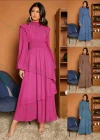 Wholesale Women's Casual Plain Ruffle Trim Shirred Long Sleeve Layered Hem Maxi Dress - Liuhuamall