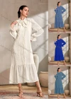 Wholesale Womem's Casual Plain Swiss Dot Poet Sleeve Button Down Ruffle Hem Midi Dress - Liuhuamall