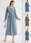 Wholesale Women's Casual Plain Square Neck Long Sleeve High Waist Ruched Midi Dress - Liuhuamall