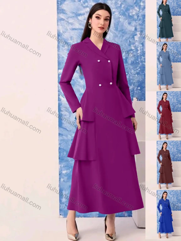 Wholesale Women's Plain Wrap Lapel Double Breasted Long Sleeve Layered Maxi Blazer Dress