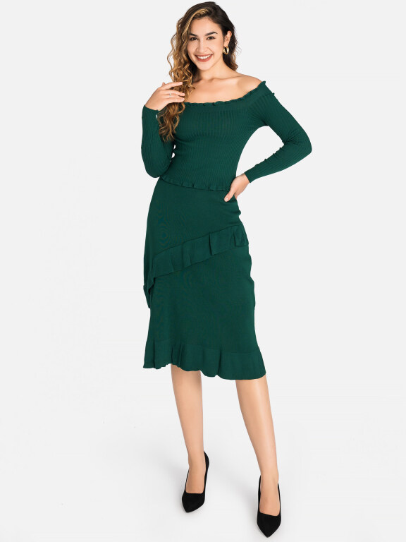 Women's Casual Off Shoulder Long Sleeve Ruched Ruffle Hem Layered Dress 2201#, Clothing Wholesale Market -LIUHUA, All Categories