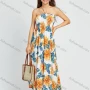 Wholesale Women's Vacation Sleeveless Spaghetti Strap Halter Shirred Floral Print Maxi Dress preview