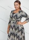 Wholesale Women's Elegant Plus Size Allover Chevron Print V Neck Knee Length Wrap Dress With Belt - Liuhuamall