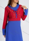 Wholesale Women's Colorblock Long Sleeve Round Neck Lace Up Front Pearl Decor Embroidery Maxi Dress - Liuhuamall